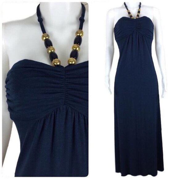 Susie Rose Dresses & Skirts - Susie Rose Womens Maxi Dress M Strapless Navy Blue w/ Gold Beads Halter Neck